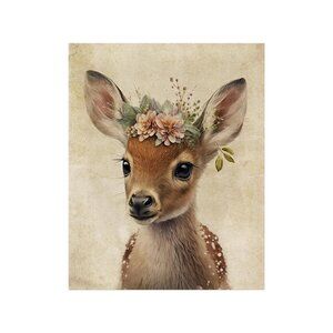 Cute Sika Deer Wearing a Wreath Unframed Canvas Wall Art  16" X 20"